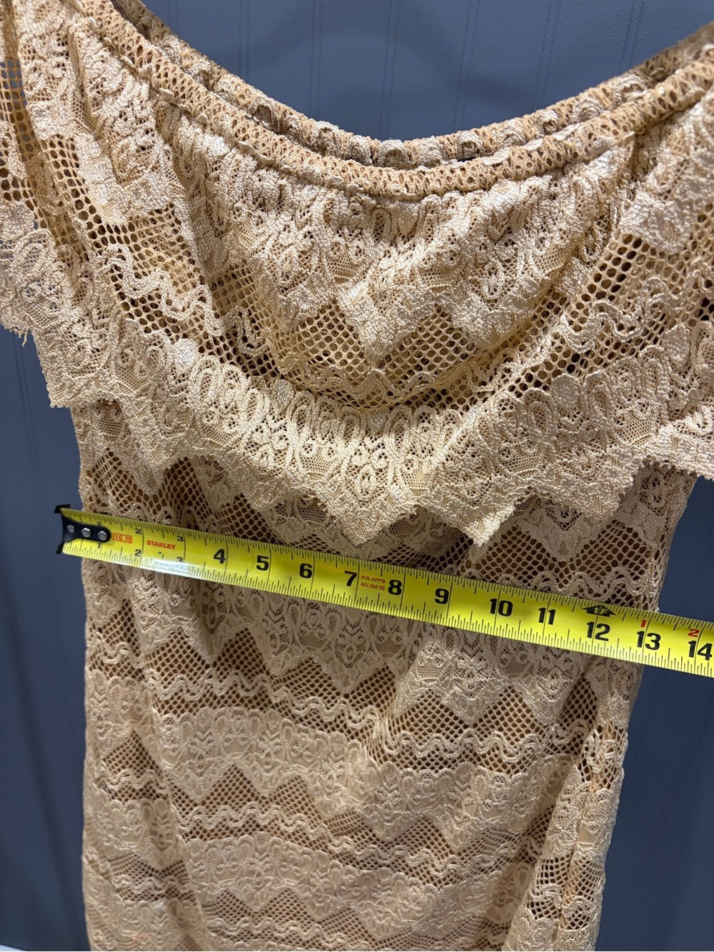 Lucky & Blessed One-Shoulder Scalloped Lace Dress in Tan - Picture 4 of 6